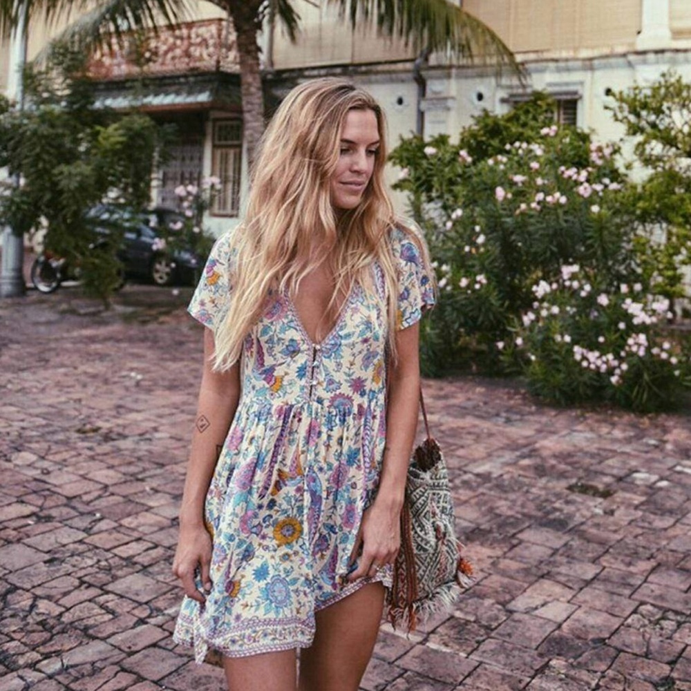 Boho Vintage Floral Print Mini Dress NWT